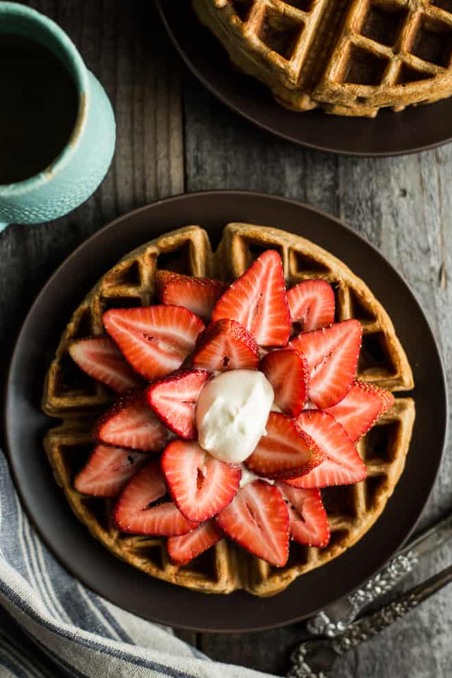 Gluten-Free Strawberries and Cream Oat Flour Waffles - these waffles are paired with a homemade kahlua whipped cream that you make in a jar! (video tutorial) by @healthynibs