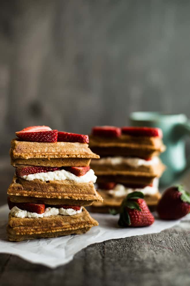 Gluten-Free Strawberries and Cream Oat Flour Waffles - these waffles are paired with a homemade kahlua whipped cream that you make in a jar! (video tutorial) by @healthynibs