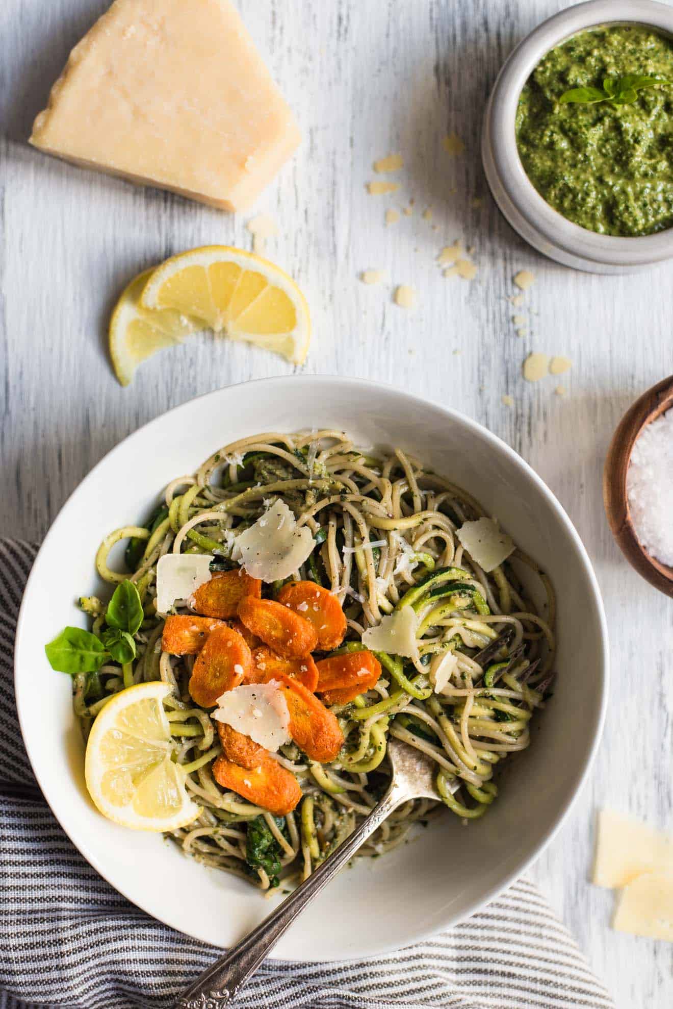 Spring Pasta with Carrot Top Pesto - easy gluten-free, vegetarian dinner in 30 minutes! by @healthynibs