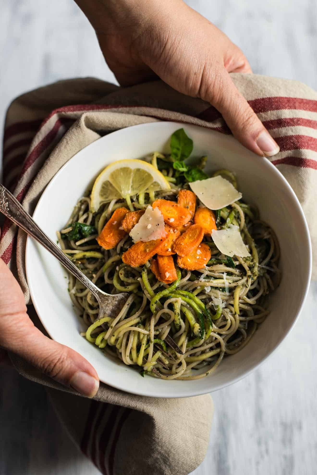 Spring Pasta with Carrot Top Pesto - easy gluten-free, vegetarian dinner in 30 minutes! by @healthynibs