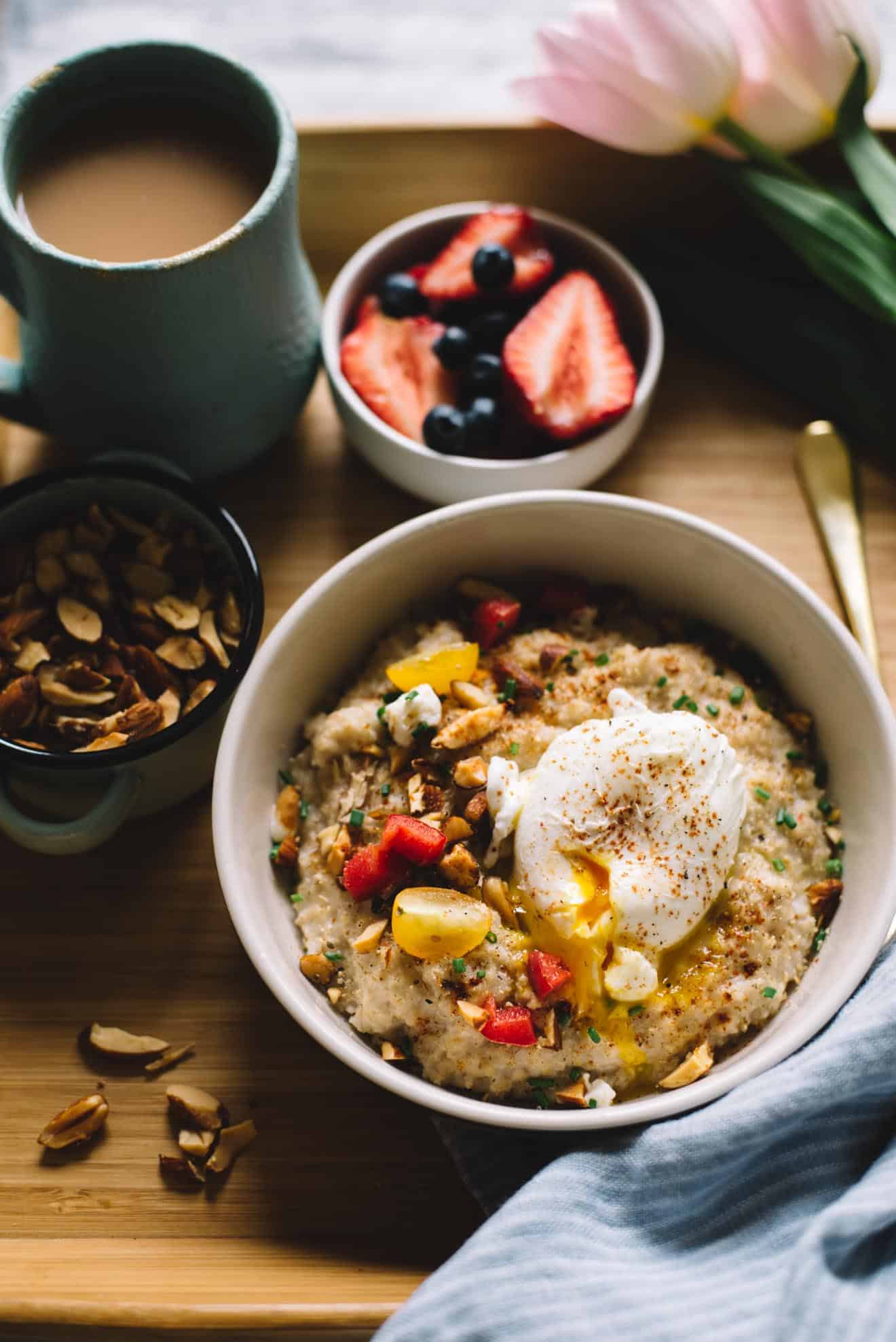 Savory Oatmeal with Poached Egg and Roasted Almonds - easy, filling and healthy breakfast to jump-start your day. 