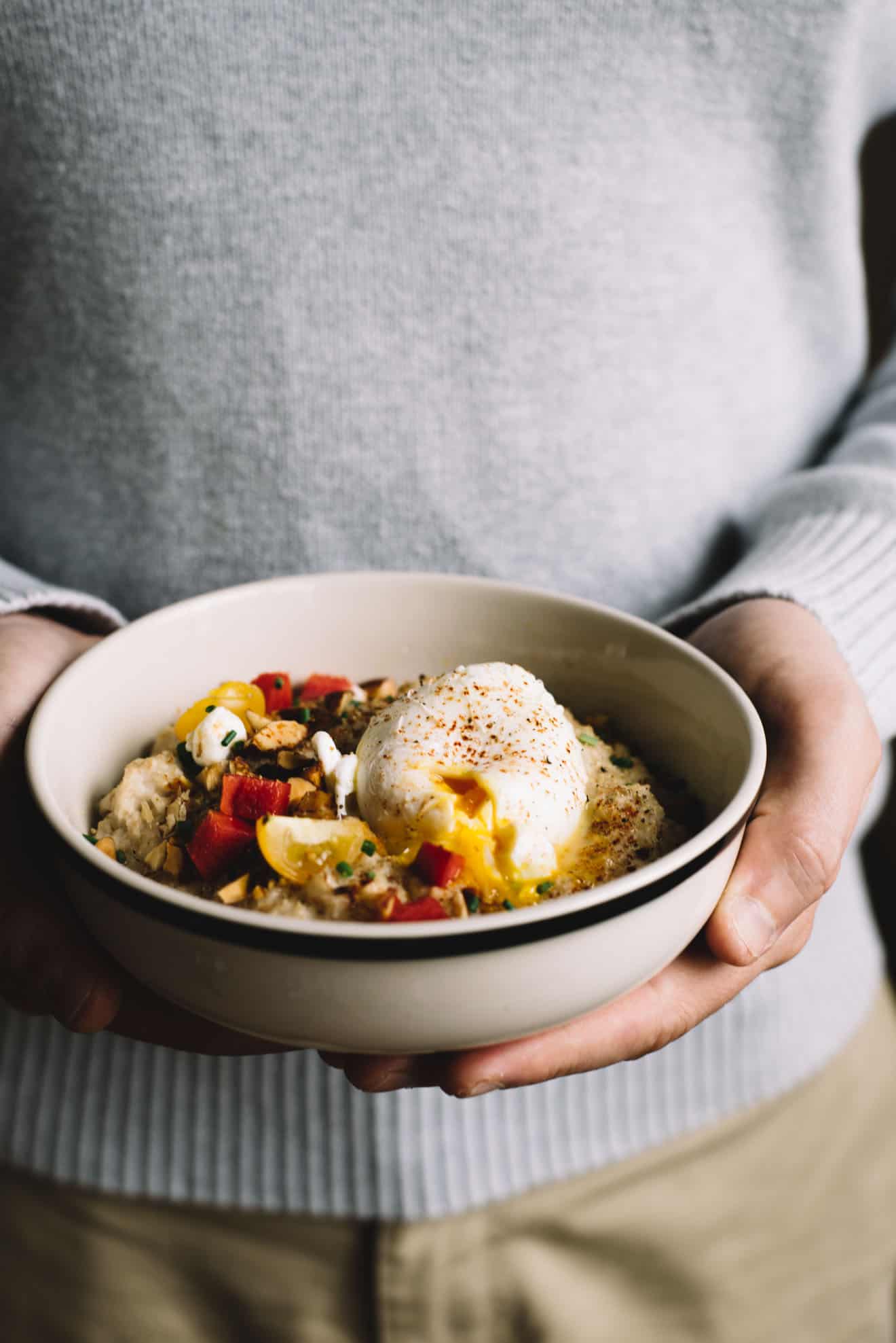 Savory Oatmeal with Poached Egg and Roasted Almonds - easy, filling and healthy breakfast to jump-start your day. 