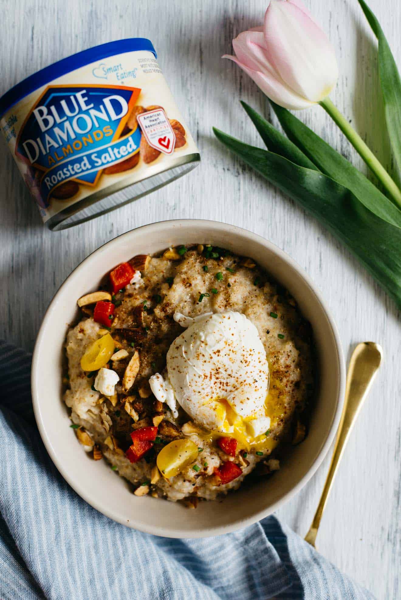 Savory Oatmeal with Poached Egg and Roasted Almonds - easy, filling and healthy breakfast to jump-start your day. 