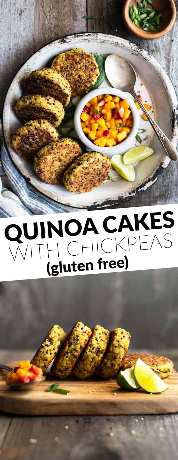 Healthy Quinoa Cakes with Chickpeas and Mango Salsa - these protein packed cakes are great as an appetizer or a meal! by @healthynibs