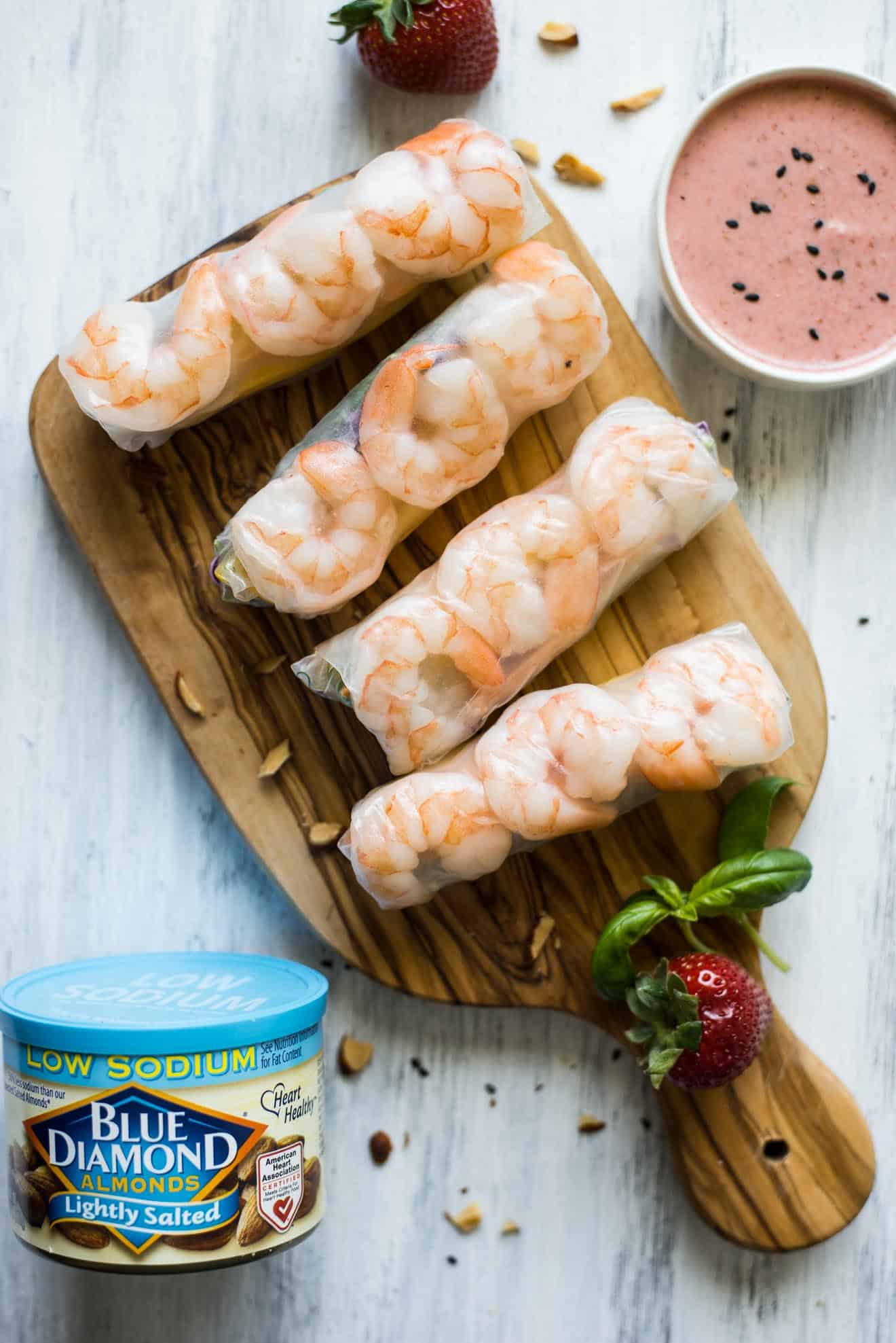 Shrimp Spring Rolls with Strawberry Almond Sauce - easy, healthy summer appetizer ready in 30 minutes! #healthy #glutenfree