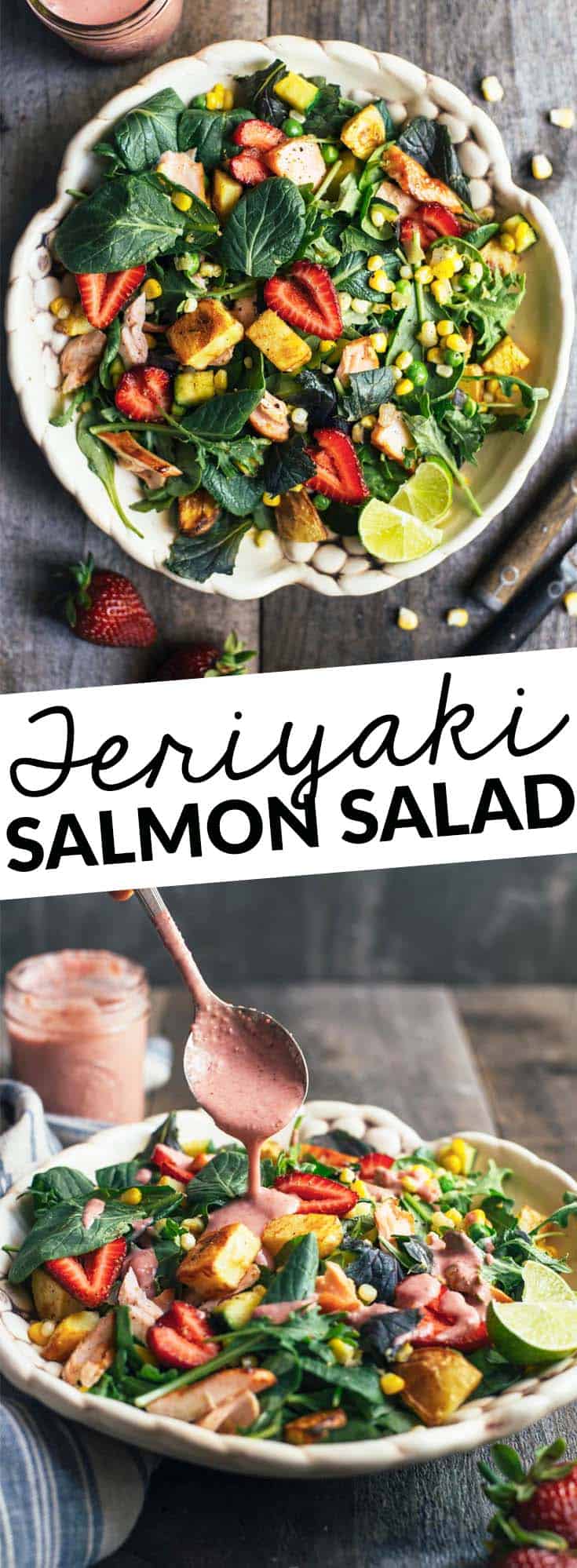 Teriyaki Salmon Salad with Strawberry Almond Dressing - easy meal ready in 45 minutes! by @healthynibs