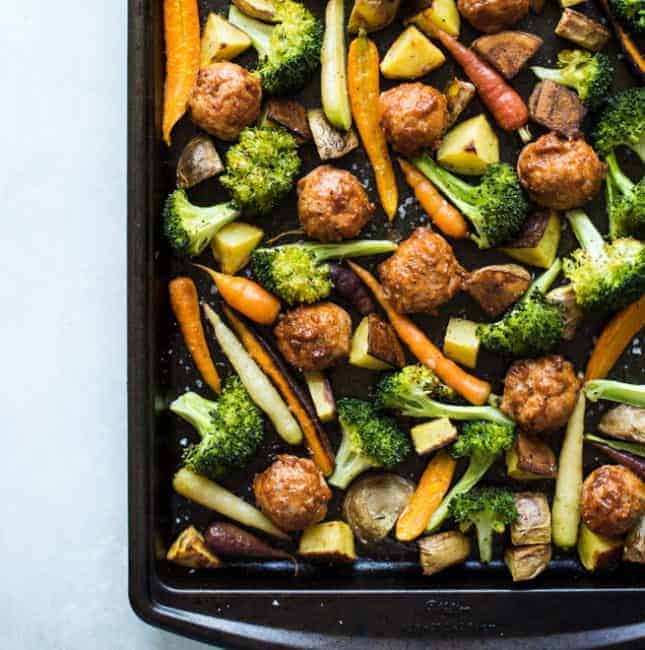Chicken Meatball & Roasted Vegetable Sheet Pan Dinner | Healthy Nibbles