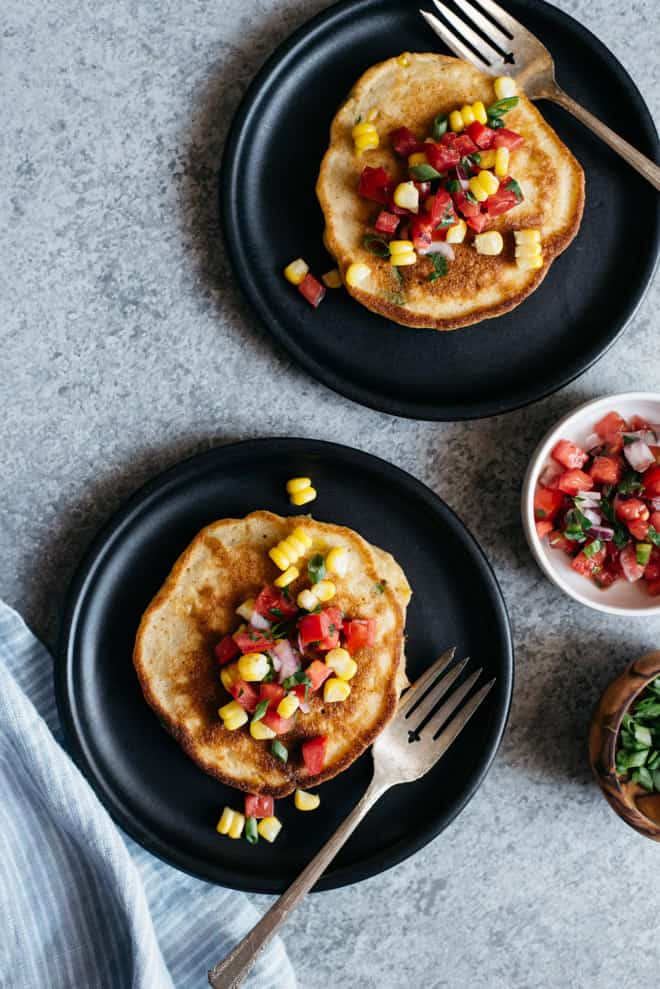 Savory Pancakes with Corn and Scallions (Dairy Free) - These simple, dairy-free pancakes are perfect for a savory breakfast! by @healthynibs