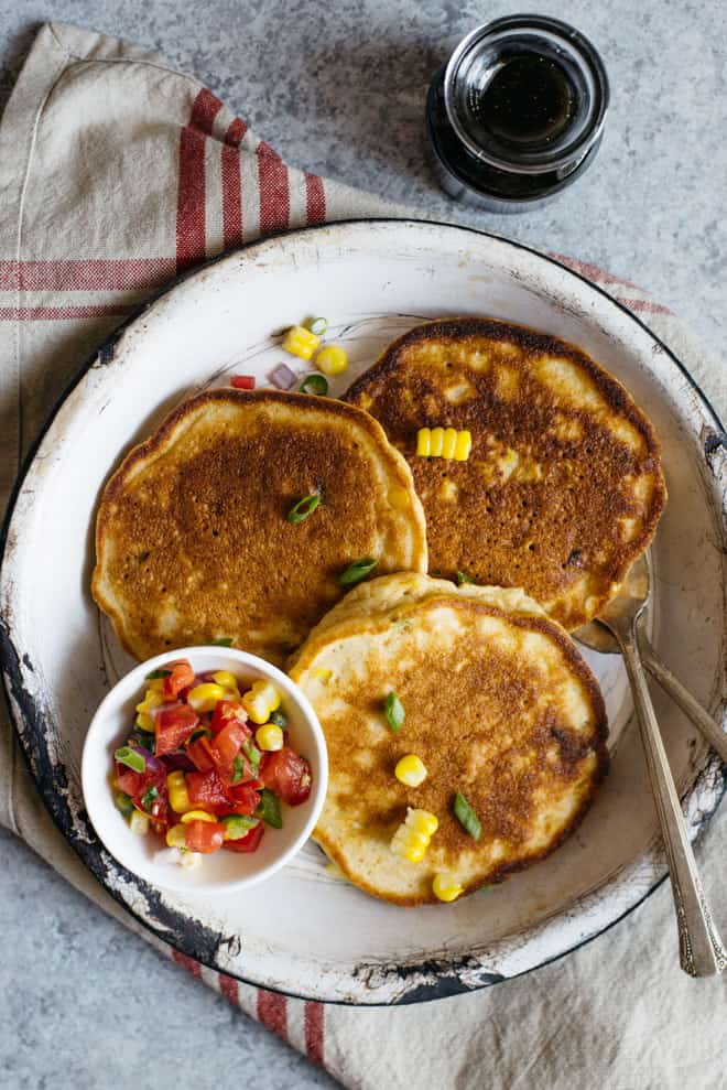 Savory Pancakes with Corn and Scallions (Dairy Free) - These simple, dairy-free pancakes are perfect for a savory breakfast! by @healthynibs