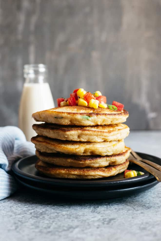 Savory Pancakes with Corn and Scallions (Dairy Free) - These simple, dairy-free pancakes are perfect for a savory breakfast! by @healthynibs