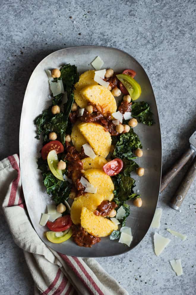 Pan Fried Polenta With Roasted Kale And Chickpeas Healthy Nibbles By