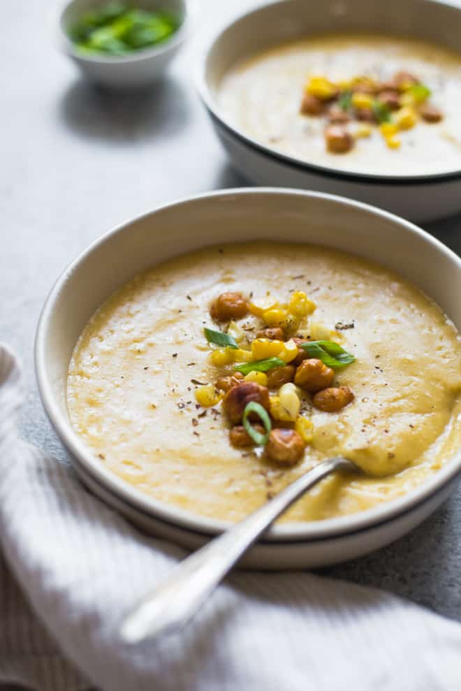 Slow Cooker Corn and Potato Soup with Roasted Chickpeas - a healthy, hearty soup to help you stay warm!