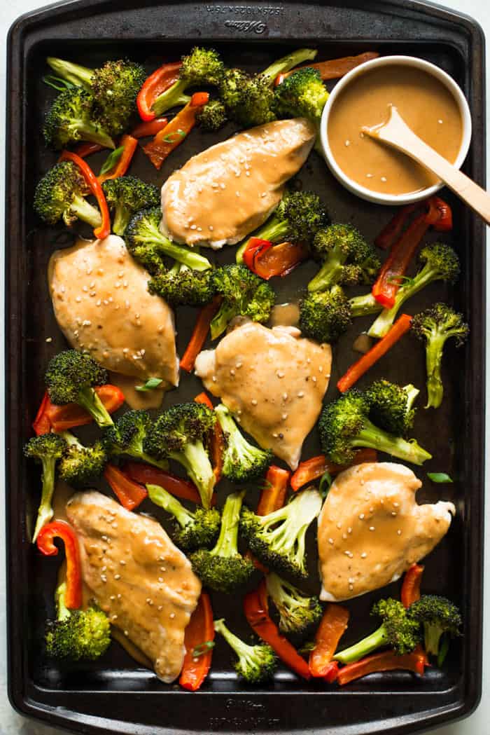 Chicken Sheet Pan Dinner with Peanut Sauce | Healthy Nibbles by Lisa Lin