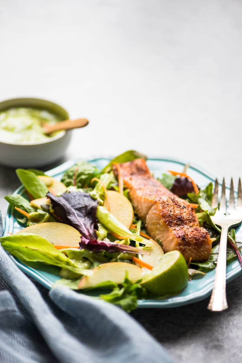 Cajun Spiced Baked Salmon with Avocado Lime Sauce - a healthy, gluten-free meal ready in under 30 minutes! by @healthynibs