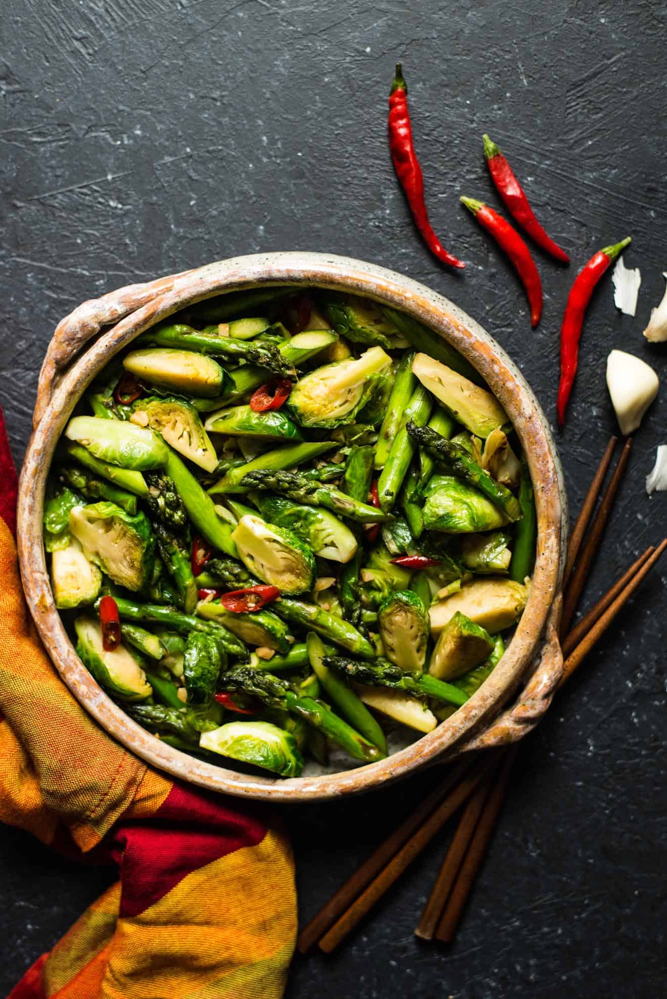 Chili & Garlic Stir Fried Brussels Sprouts with Asparagus - a quick and easy side dish that's ready in 20 minutes!
