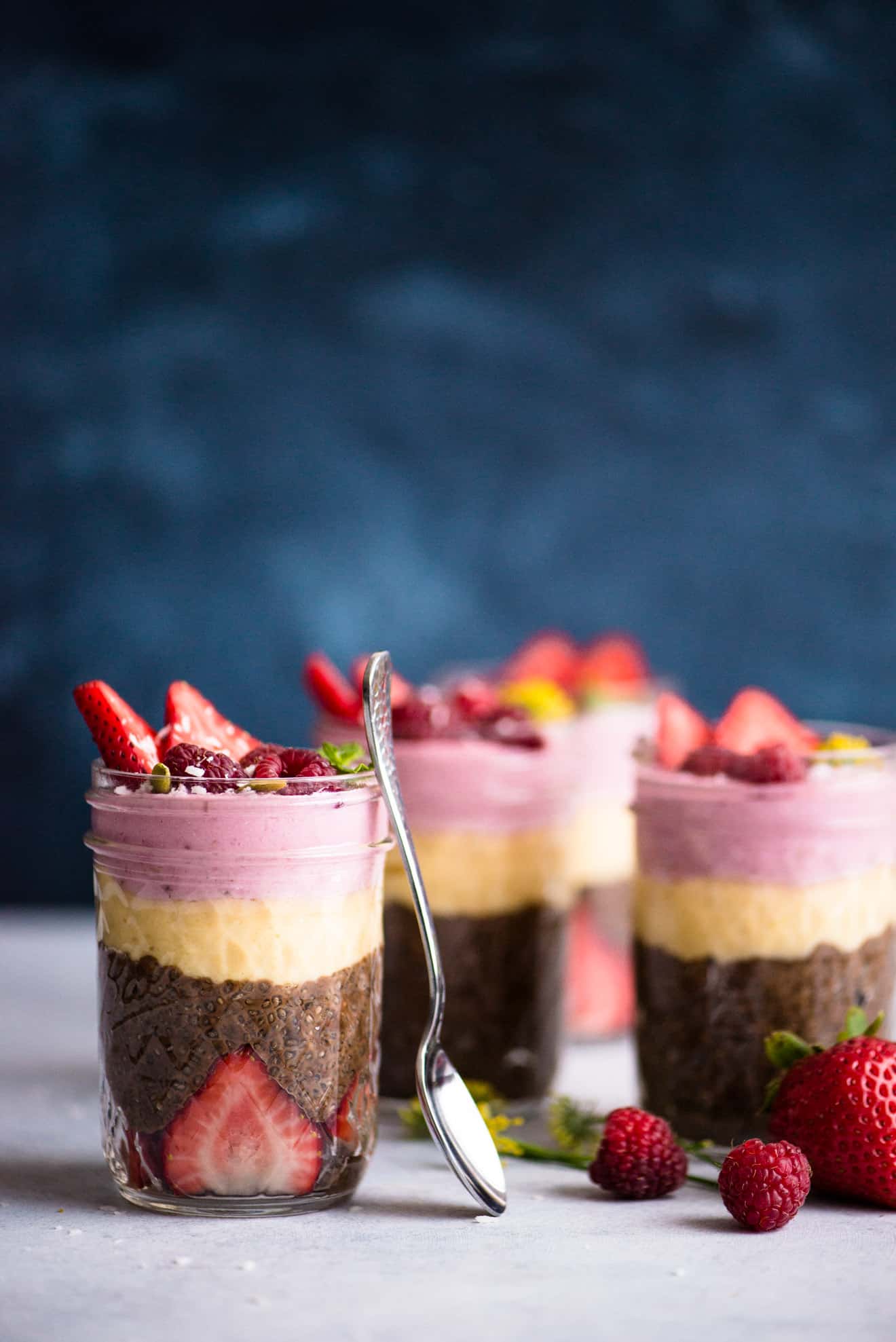 VEGAN Chocolate Chia Pudding Parfaits with Mango & Mixed Berry Mousse - a simple, healthy dessert that is great for summer!