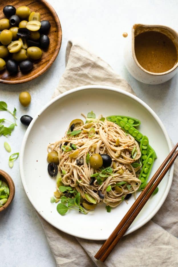 Sesame and Olive Soba Noodles (Vegan) | Healthy Nibbles by Lisa Lin