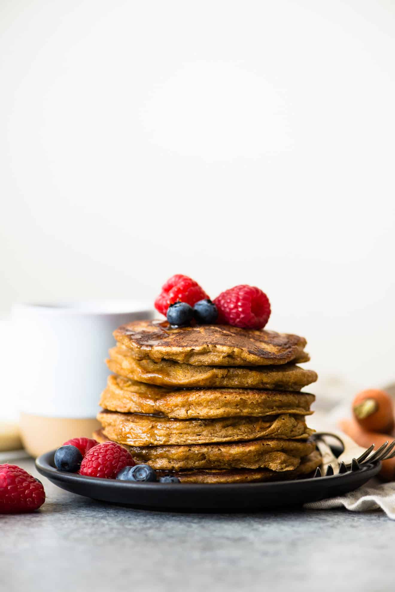 GLUTEN-FREE Oat Flour Pancakes with Carrots and Parsnips - sneak in more vegetables with these healthy breakfast pancakes!