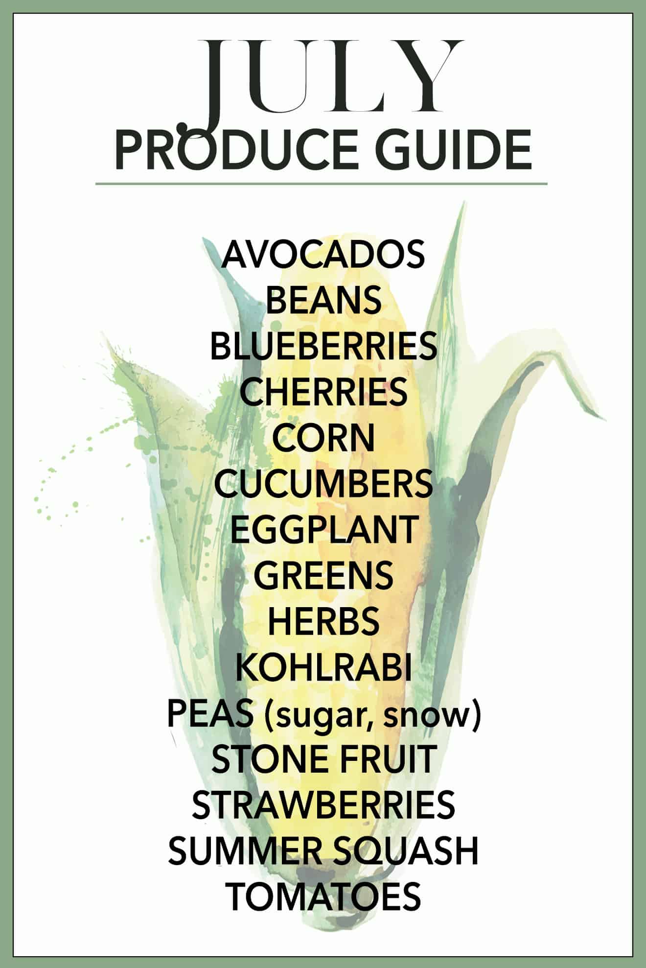 Find out what's in season in this July Produce Guide! You'll find tips on how to pick and store the produce as well as recipe ideas!