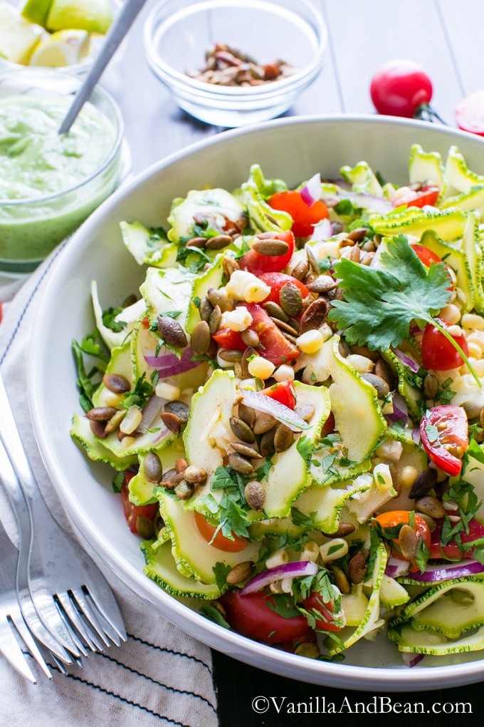 Zucchini Corn Tomato Salad with Avocado Lime Dressing