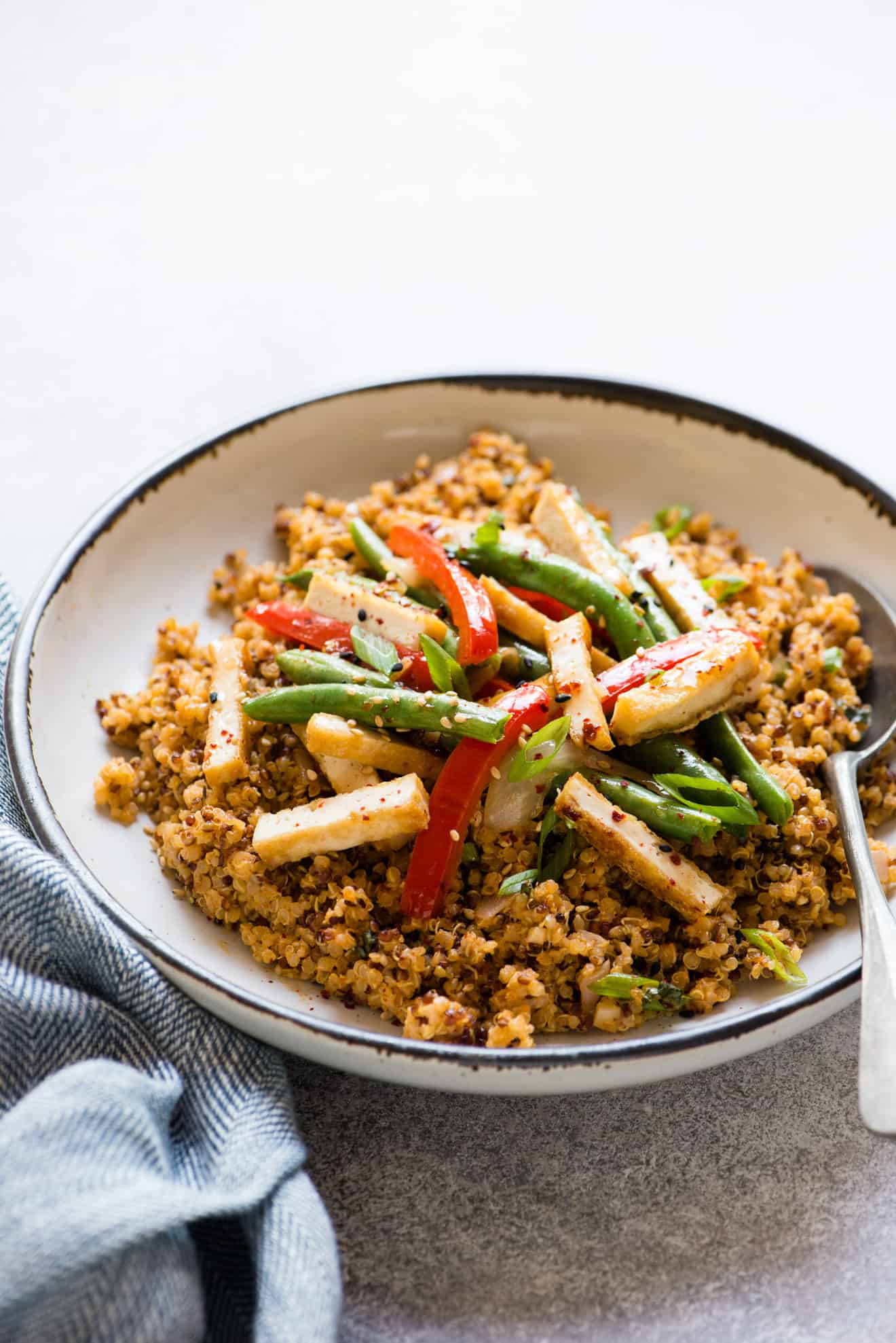 Red Curry Quinoa with Honey Chili Tofu Stir Fry