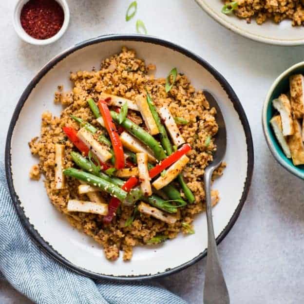 Red Curry Quinoa with Honey Chili Tofu Stir Fry