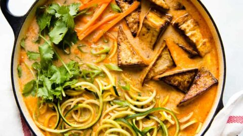 Zucchini Noodles Tomato Coconut Broth and Pan-Seared Tofu - a delicious vegan meal for weeknights