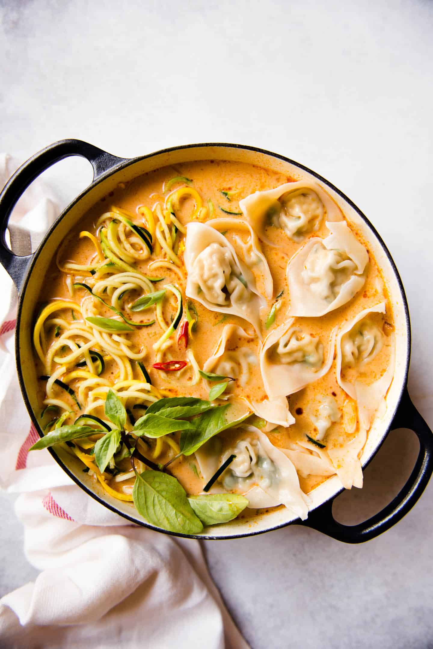 Red Curry Wonton Soup with Zucchini Noodles