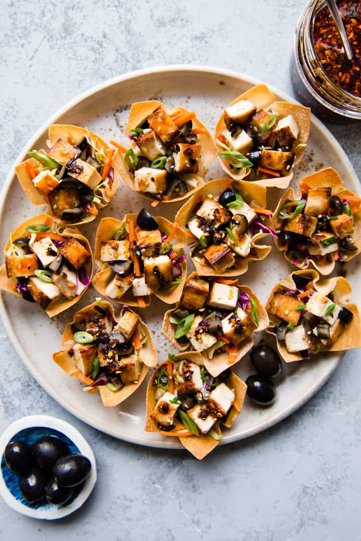 Sweet Chili Tofu Wonton Cups with Olives | Healthy Nibbles by Lisa Lin