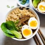 Easy Vegetarian Ramen Recipe - ramen noodles cooked in a flavorful umami broth made with mushrooms and kombu. Top it with a ramen egg!