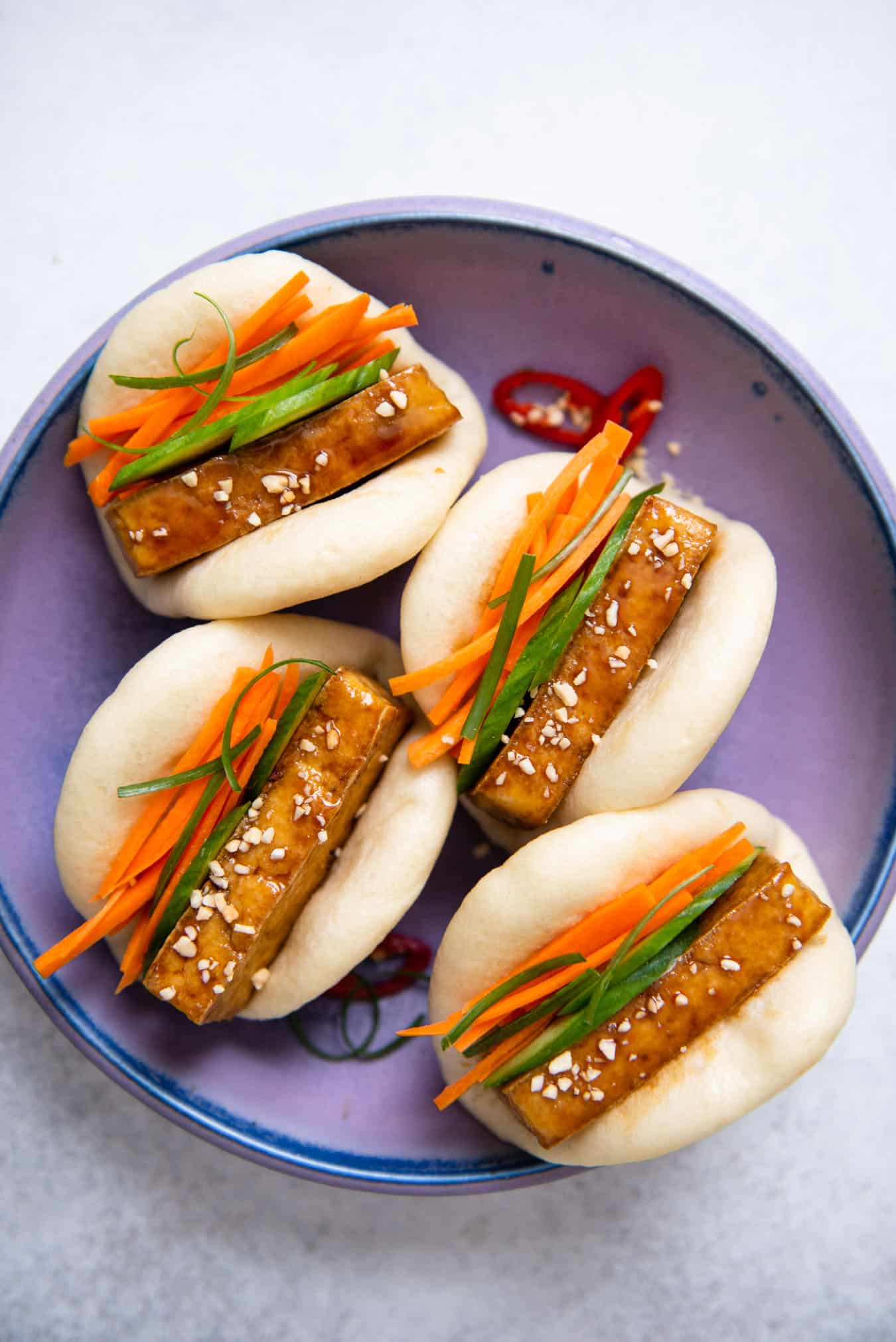 Vegetarian Gua Bao - teriyaki tofu served in fluffy steamed buns