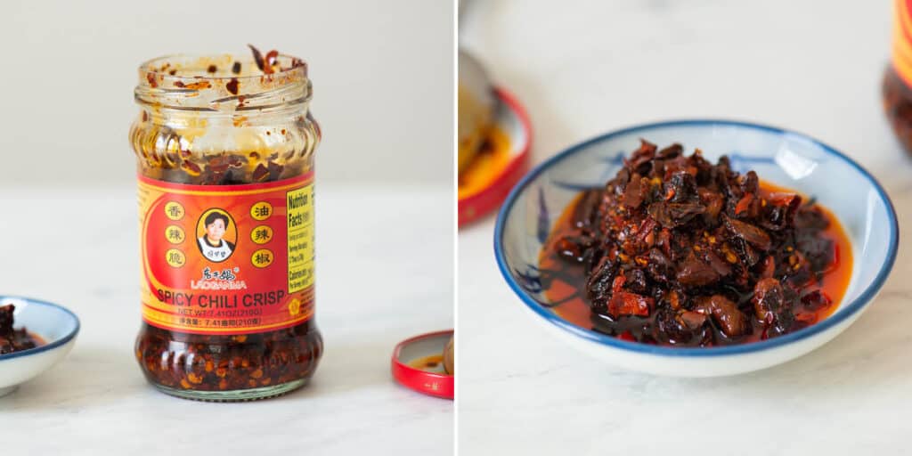 La foto de la izquierda muestra Lao Gan Ma Spicy Chili Crisp.  La foto de la derecha muestra la guindilla crujiente en un plato pequeño.