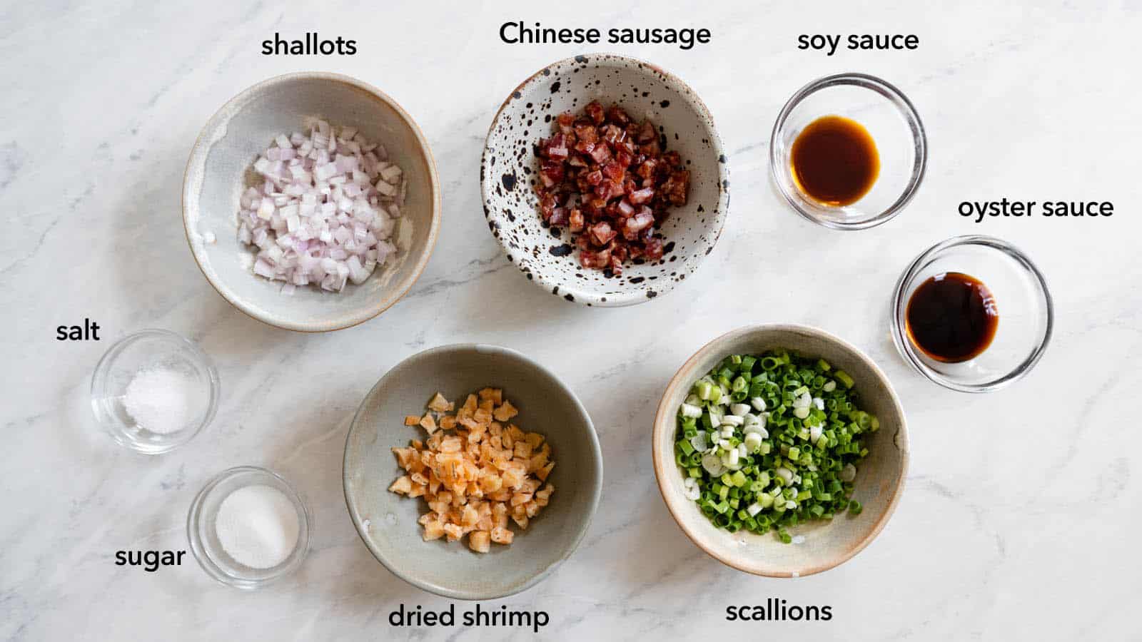 Flavoring bits for Chinese savory pancakes: shallots, dried shrimp, Chinese sausage, scallions, soy sauce, oyster sauce, salt, and sugar