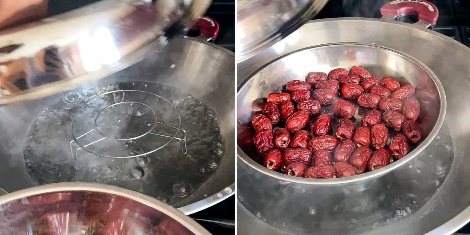 Steaming red dates inside wok