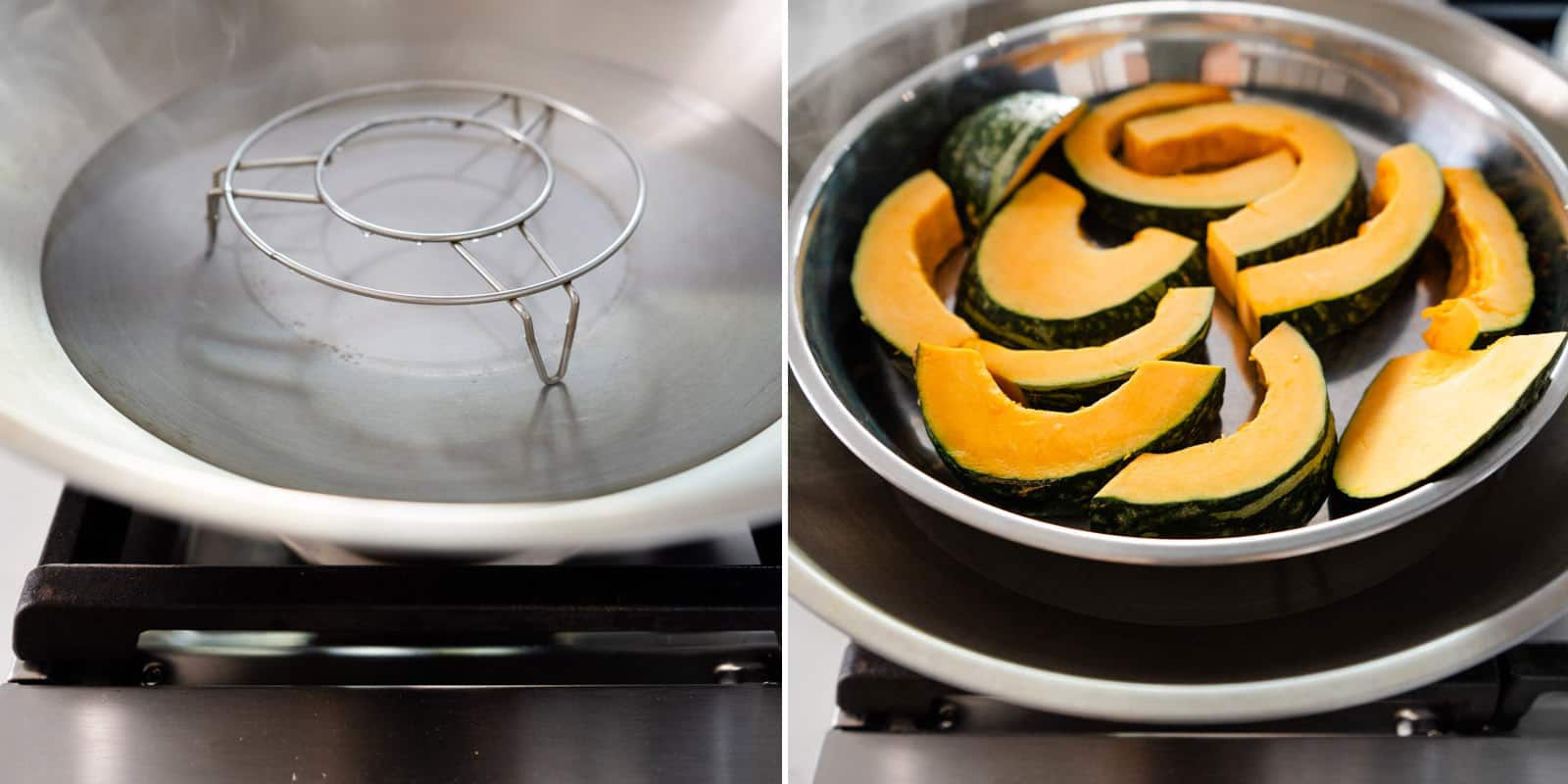 Steaming kabocha in a wok