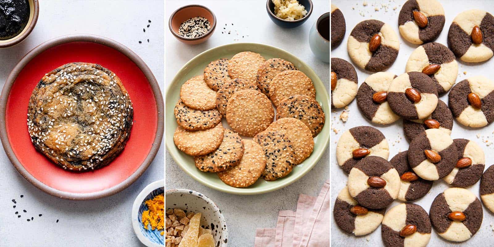 Black sesame & orange cookies, thin sesame cookies, black sesame and almond cookies