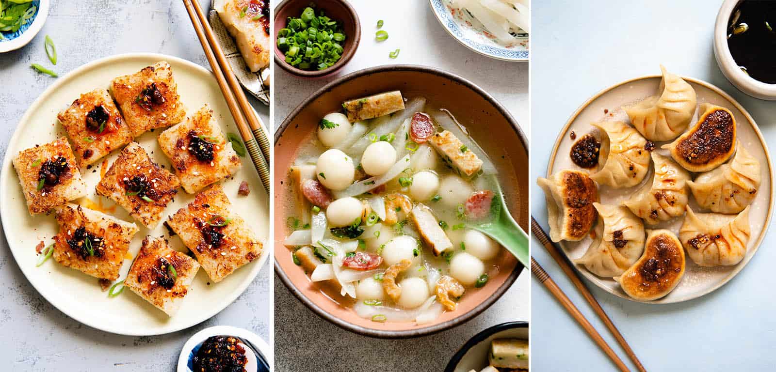 Turnip cake, savory tang yuan, and pork and cabbage potstickers